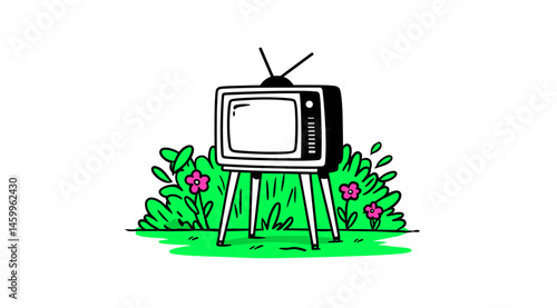 Vintage Television in Nature's Embrace: A charming vintage television set stands amidst a vibrant field. Its screen offers a glimpse of the digital age in a retro style.