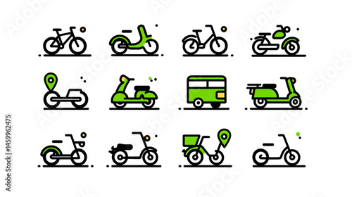 Urban Mobility Icons: A collection of illustrated icons featuring various modes of urban transport, representing bikes, scooters, and compact vehicles designed for city travel. 