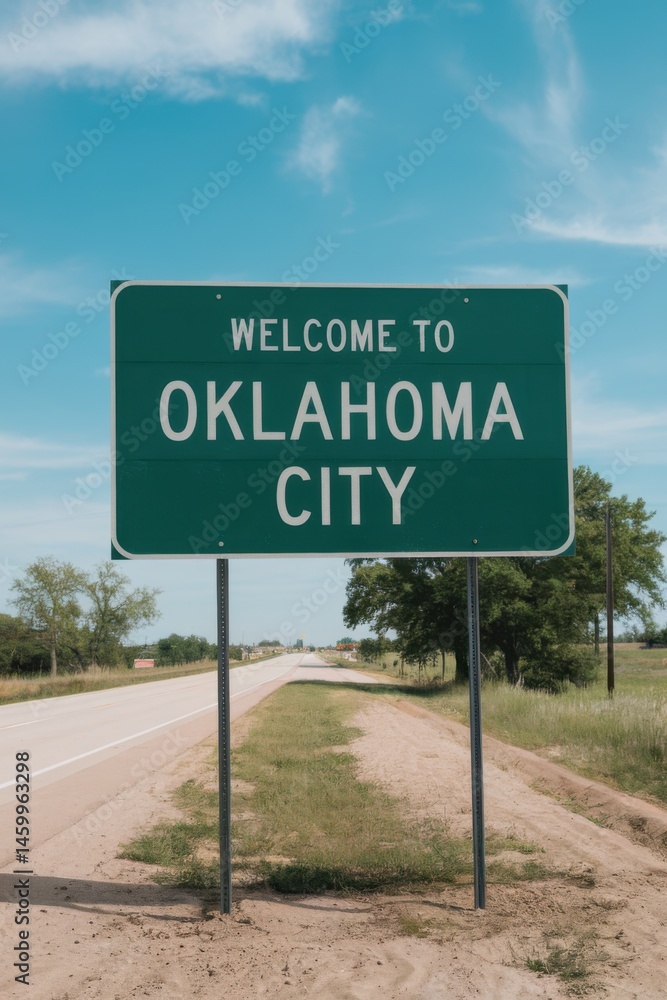 Welcome to Oklahoma City Sign on Rural Road - Travel Destination, Road Trip, American South, Clear Blue Sky, Green Signage, Tourism Welcome to Oklahoma City Sign on Rural Road - Travel Destination, Road Trip, American South, Clear Blue Sky, Green Signage, Tourism
