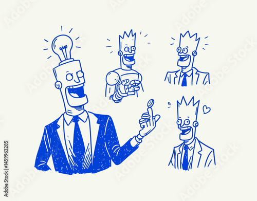 Idea Man's Dynamic Moods: A collection of lively sketches depicting a businessman with a lightbulb head, showcasing a range of emotive expressions.
