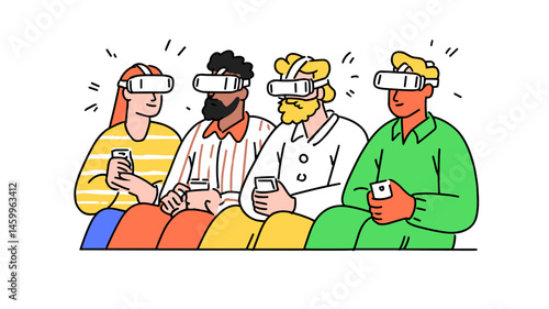 Virtual Reality Social Gathering: Four diverse individuals wearing VR headsets, experiencing immersive virtual reality together. They are sitting closely.