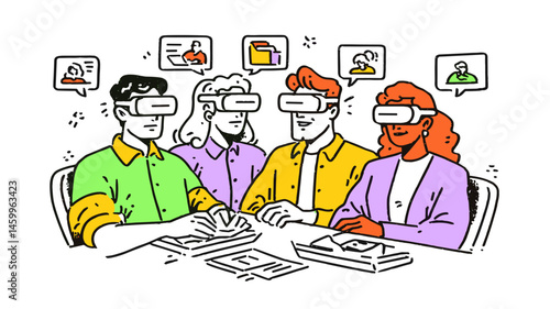 VR Collaboration: A vibrant illustration captures a diverse group engrossed in a virtual reality experience. They're immersed in a shared digital environment, interacting with each other.