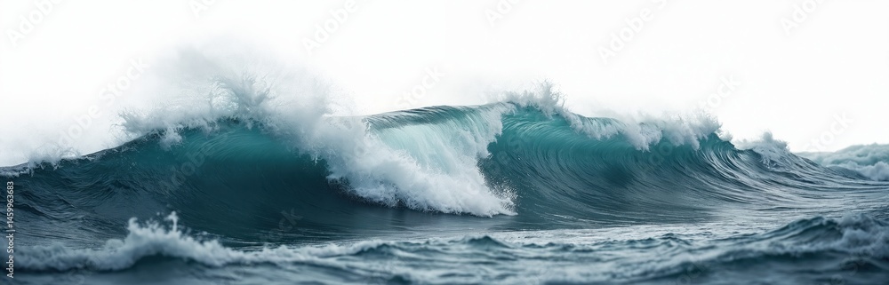 Fototapeta premium Dynamic ocean wave with rough peaks, turbulent water isolated on white background. Stormy sea conveys intensity, movement, power, nature, seascape, travel, vacation.