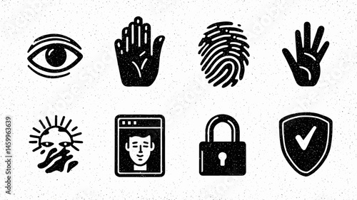 Digital Security Icons: A curated collection of essential digital security icons, showcasing a variety of symbols and concepts in a sleek design, including eyes, fingerprints, face recognition.