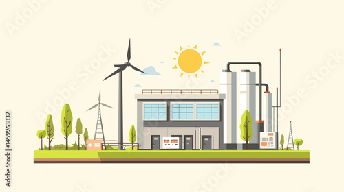 Sustainable Energy Plant: A vibrant illustration depicts a modern energy plant with wind turbines and solar panels, symbolizing a commitment to clean and sustainable power generation.