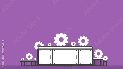 Machine Gears and Equipment: A minimalist flat design showcases industrial cogs and machinery components, symbolizing industry, mechanics, and technological processes.
