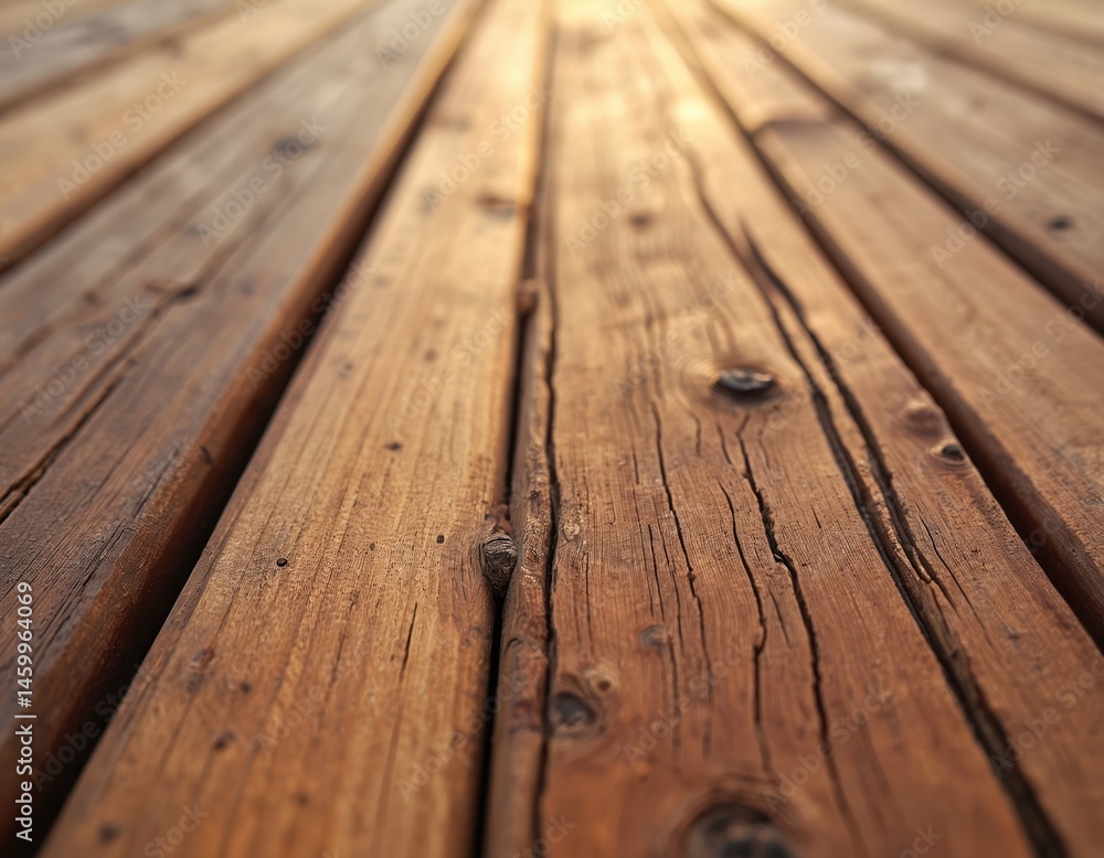 Fototapeta premium Close-up of weathered wood decking, rich textures warm tones. Flooring planks create natural pattern background. Timber surface displays detailed grain, knots. Rustic home improvement material for