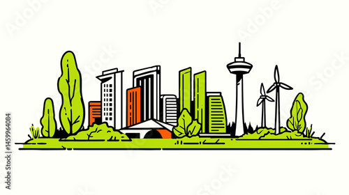 Cityscape: A graphic illustration of a modern cityscape, featuring sustainable elements like wind turbines and lush green spaces, symbolizing urban progress and environmental consciousness.