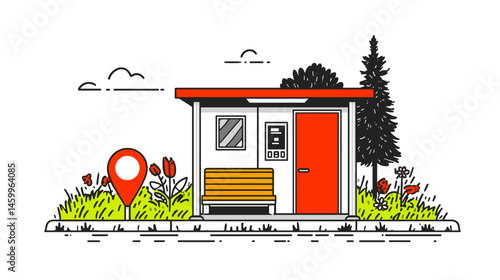 Urban Oasis: A minimalist illustration of a vibrant bus stop, rendered in striking linear detail, evokes a sense of modern urbanity and thoughtful design.