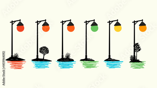 Illuminating Array: An artistic rendering presents a series of stylized streetlights, each casting a different colored glow and positioned above a watercolor-like depiction of water and foliage.