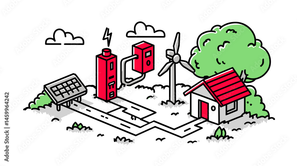 Fototapeta premium Green Energy Illustration: A dynamic illustration of renewable energy sources, showcasing solar panels, a wind turbine, and a battery system powering a house.
