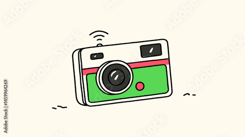 Digital Camera Illustration: An eye-level illustration captures a vividly designed digital camera, equipped with a wireless signal, hinting at modern technology and connectivity.