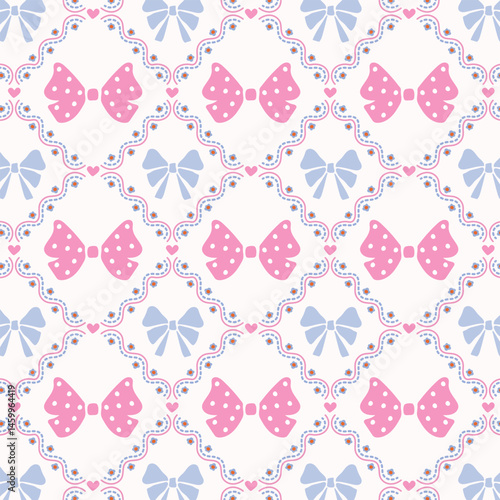 Flirty lattice, seamless pattern with cute bows and ribbons.