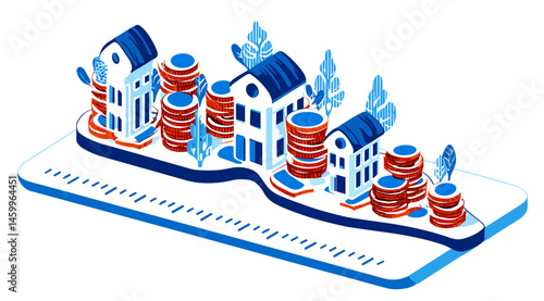 Financial Housing Concept: Illustrative graphic of miniature houses with stacked coins, symbolizing property investment.