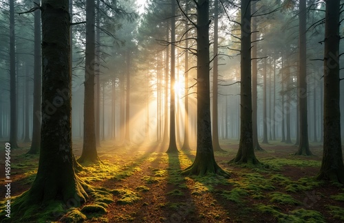 Sunlight streams forest. Tall trees stand tall, green moss covers the forest floor. Autumn scene, mist, fog create mystical atmosphere. Sauerland Germany photo. Peaceful tranquil nature landscape.