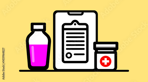 Digital Prescription: Depicting the intersection of modern healthcare and technology. A minimalist representation of a digital prescription is flanked by a bottle of medicine.