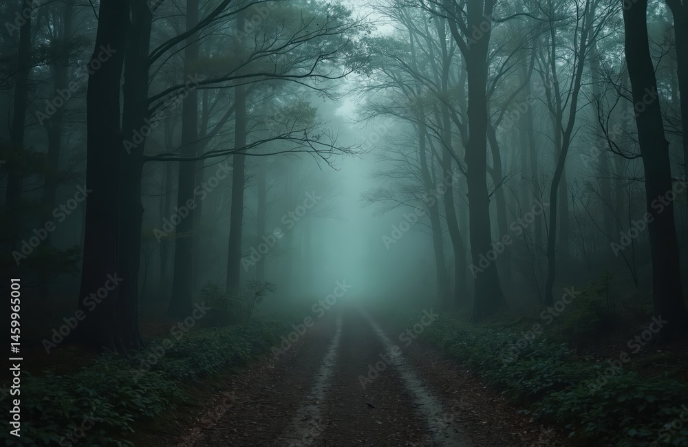 Obraz premium Mystic forest scenery in morning fog. Trees road in woodland with green foliage. Autumn season. Foggy atmosphere. Nature landscape. Travel in Switzerland, Zurich. Atmospheric environment.