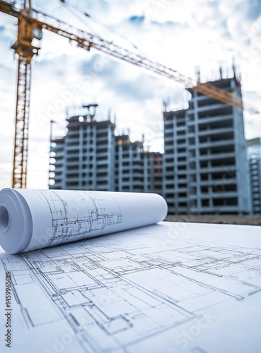 Construction blueprints on a table in front of a building under construction