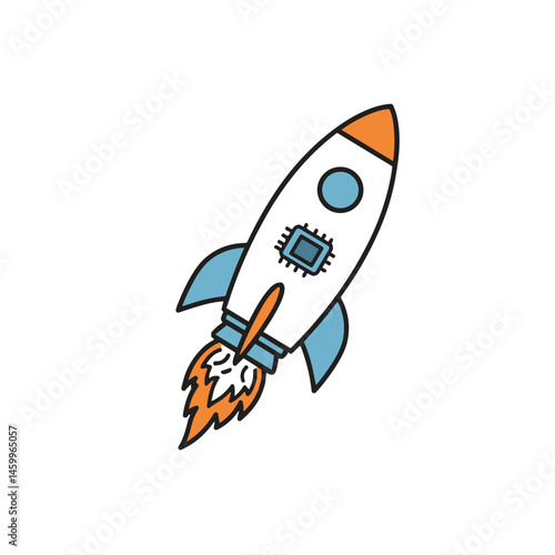 Cartoon rocket launching with flames in a simple style  