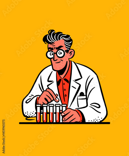 The Scientist's Precision: A focused scientist in a lab coat meticulously examines vials, set against a bright backdrop, capturing the essence of scientific pursuit and analytical thought.