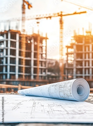 Construction blueprints on a site.  Rolled plans for a building project