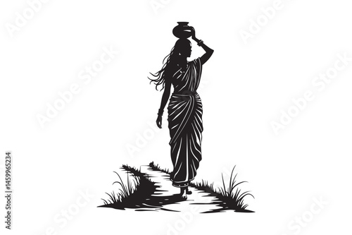 Village Woman Silhouette Vector Traditional Indian Lady Walking with Pot