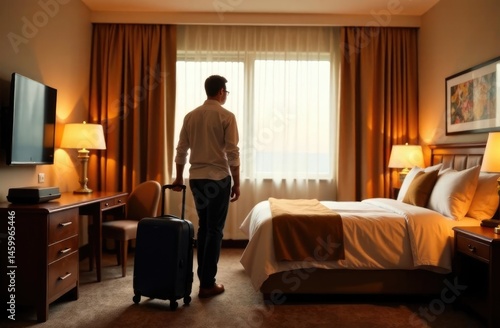 Back view. Man with suitcase in hotel room. Business trip concept.