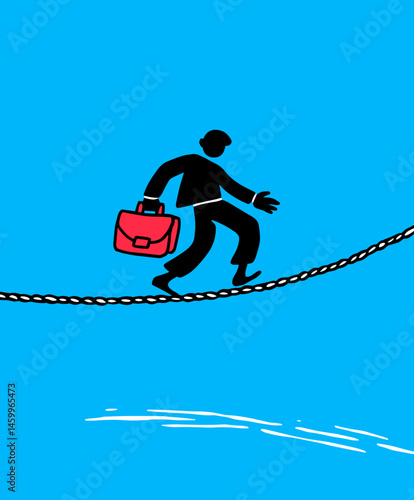 Business Tightrope Walk: A stylized illustration of a businessman walking a tightrope, symbolizing the challenges and risks in the business world.
