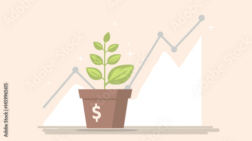 Growth Investment Concept: A visual metaphor showcasing financial investment success with a plant growing within a pot. It symbolizes business and financial growth, success, and investment.