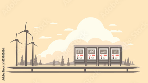 Harnessing Power: An artistic portrayal of a wind turbine farm and electrical distribution, symbolizing sustainable energy generation and a cleaner future. 