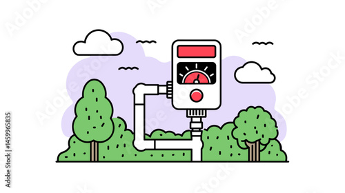Gardening Control: A line art illustration of an automated sprinkler controller set amidst a garden. This image evokes a sense of efficiency and control within the context of nature.