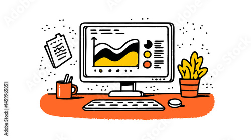 Desk Computer with Graph and Plant: A neatly organized desk featuring a computer screen displaying an insightful data graph, alongside a pen cup, memo, and a vibrant potted plant.