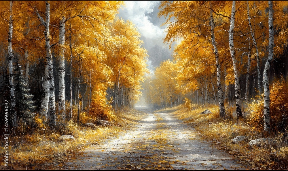 Obraz premium Serene autumnal path through golden birch forest. Sunlight filters through leaves