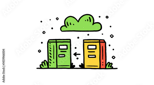 Data Exchange Concept: A conceptual illustration depicting the transfer of data or knowledge, visualized through two books and a cloud, suggesting connectivity, information.