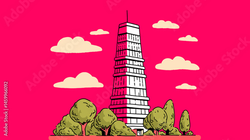 Tower Amidst Pink: An illustration of a modern tower stands tall against a pink backdrop, embraced by trees and clouds. Emphasizing architectural design and urban landscape.