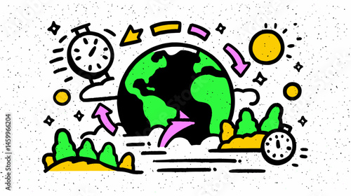 Earth's Timeless Cycle: A colorful illustration capturing the Earth amidst elements of time, seasons, and the ever-changing cycle of life, symbolizing the planet's continuous transformation.