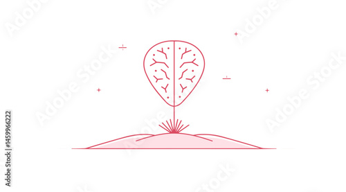 Brain Tree Illustration: An artistic illustration shows a human brain transforming into a tree, with roots taking hold in the earth below, to explore the concepts of growth, intellect.