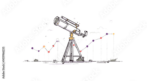 Telescopic Vision of Progress: A hand-drawn illustration featuring a telescope pointing towards a rising line graph, symbolizing the concept of vision and foresight in achieving growth.