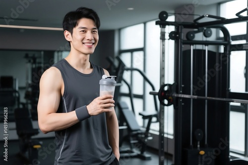 Asian Man Smiling Holding Protein Drink At Gym Health And Fitness Concept