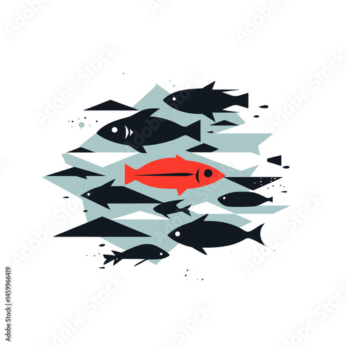 A solitary red fish, distinct from the rest, swims in the opposite direction of a school of identical black fish, embodying courage, confidence, and success in a crowd, fueled by creativity