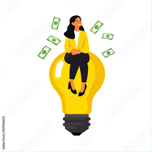 A businesswoman sits on a light bulb as money falls around her, symbolizing lucrative ideas
