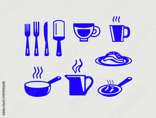 Blue Kitchen Utensil Icon Set: An artistic arrangement of ten essential kitchen utensils, all rendered in a vibrant blue hue. This comprehensive set is ideal for web design, mobile apps, brochures.