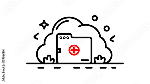 Digital Data Recovery: An icon of a cloud and folder with plus sign indicating data recovery, symbolizes safe storage, depicting a clean, minimalistic, modern graphic.