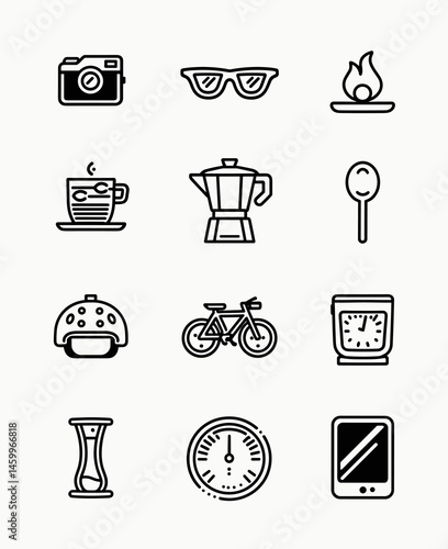 Outdoor Adventure and Relaxation Icon Set: A collection of thoughtfully designed icons representing outdoor adventure and relaxation, offering visual cues for activities and essentials.
