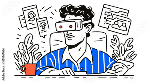 Exploring Virtual Realms: A man fully immersed in a virtual reality experience, navigating a digital world with a VR headset, capturing the essence of technology and innovation.