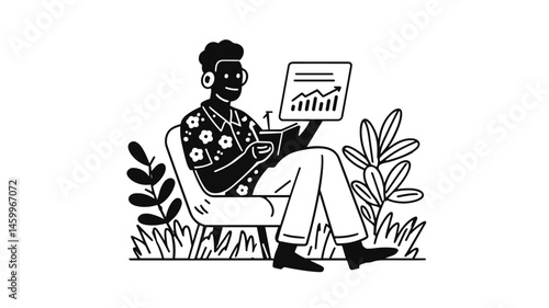 Digital Nomad Lifestyle: A freelance worker, immersed in their digital workflow, works from a relaxed outdoor setting. the image presents a creative entrepreneur embracing the freedom of remote work.