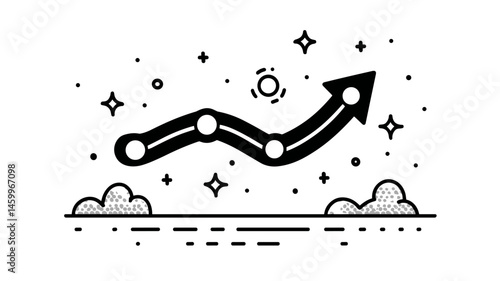 Ascending Arrow of Success: A dynamic illustration of an arrow chart signifies progress, growth, and reaching new heights, against a backdrop of stars and clouds symbolizing limitless potential.
