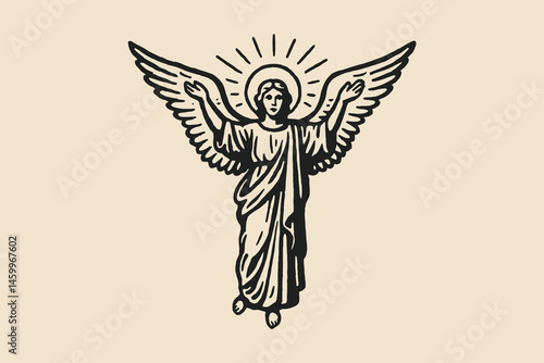 angel with halo and wings, vintage engraving  style


