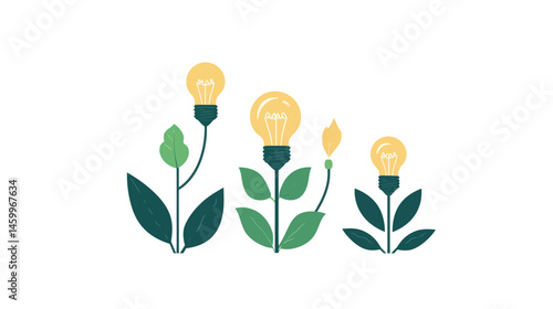 A row of light bulbs is depicted transforming into a plant, illustrating growth and progress through a gradual size increase from the smallest to the largest bulb