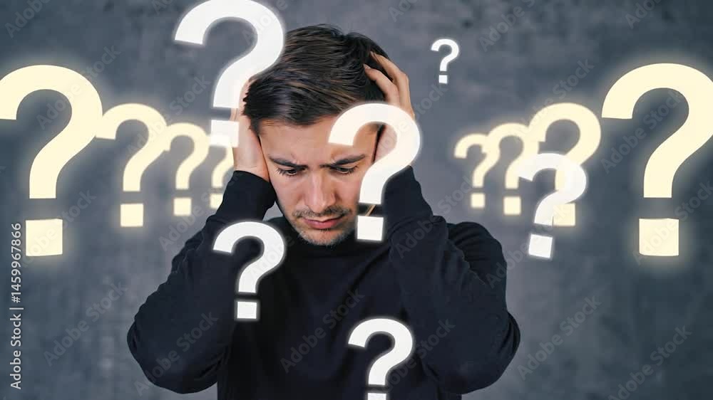 Man with question marks, expressing confusion, studio shot, for educational or stock use